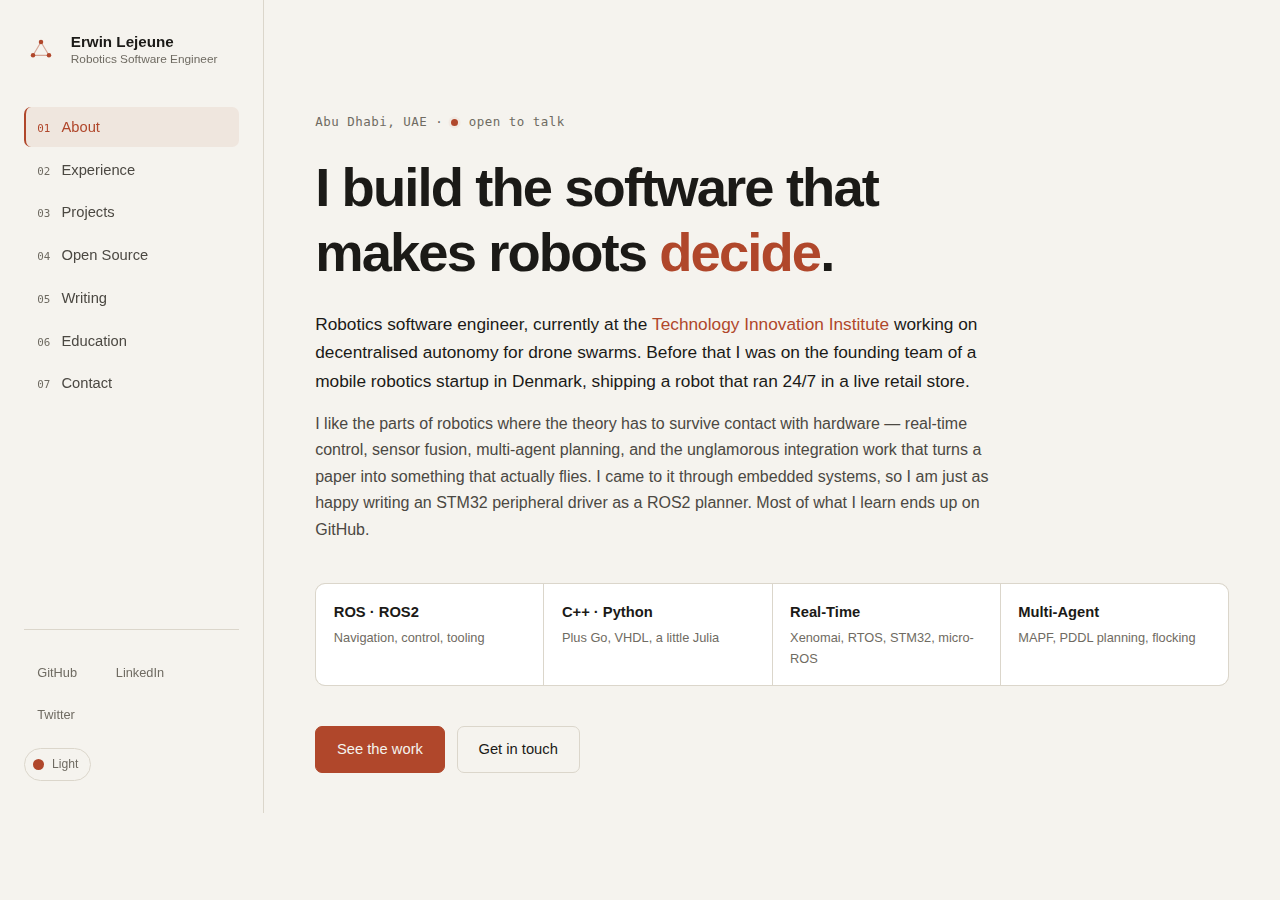 Screenshot of the v2 portfolio: a minimal single-page site with a sidebar nav and a light theme