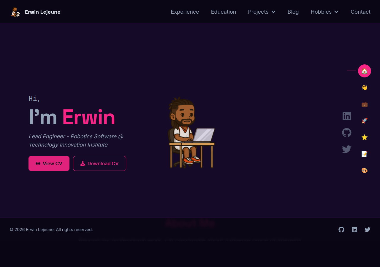 Screenshot of the v3 portfolio: a dark neon-pink theme with an illustrated avatar and animated hero